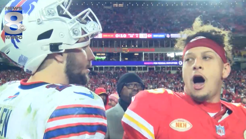 Chiefs quarterback Patrick Mahomes was unhappy about the game-changing offsides penalty, complaining even to Bills quarterback Josh Allen. Photo Credit: Thad Brown, WROC on Twitter/X