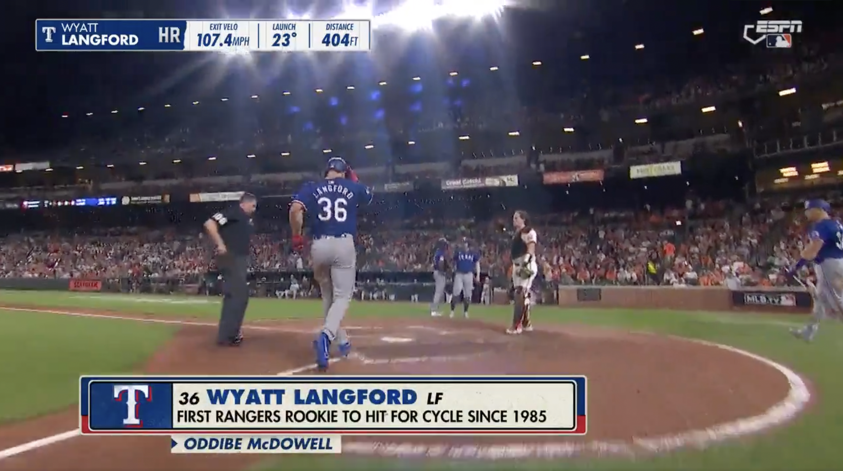 Wyatt Langford reaching home base and hitting for the cycle.