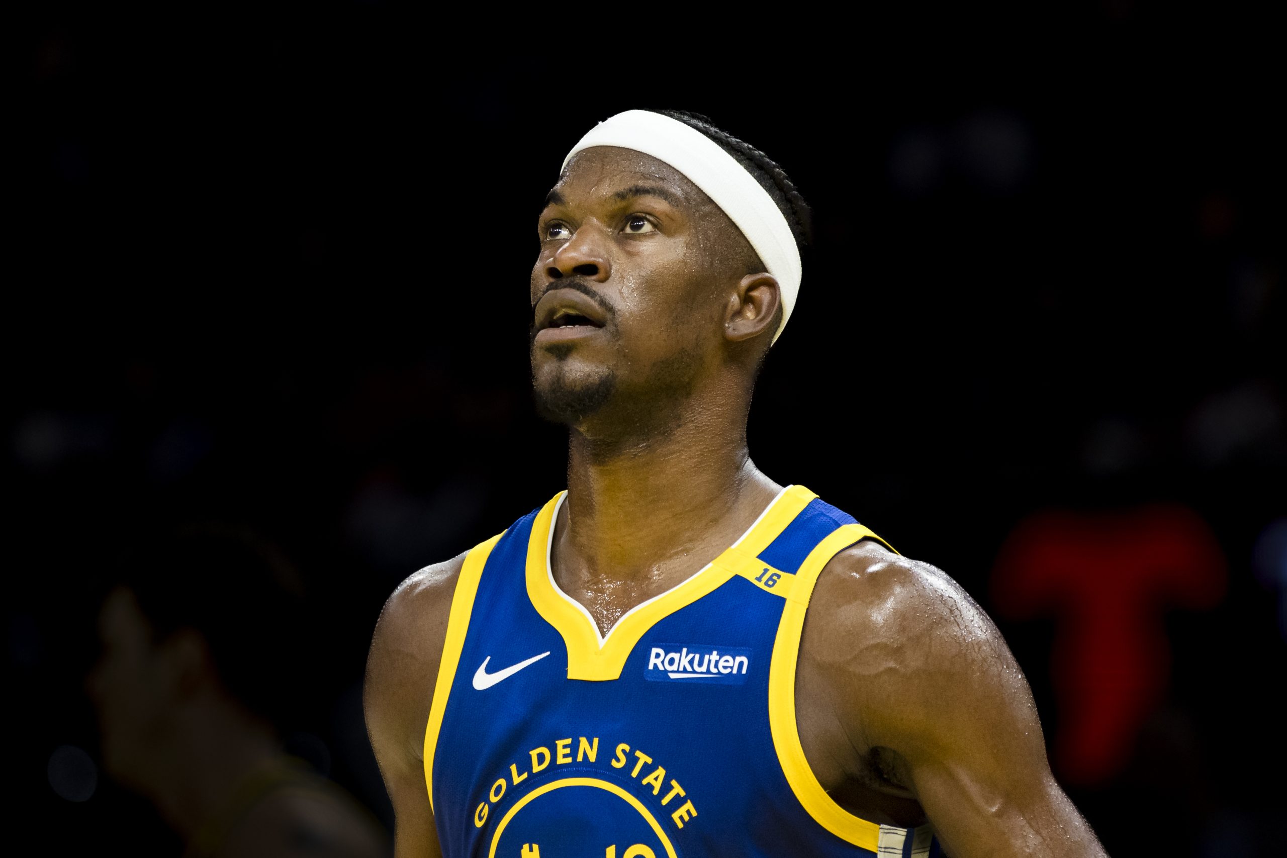 Golden State Warriors star Jimmy Butler on the floor.