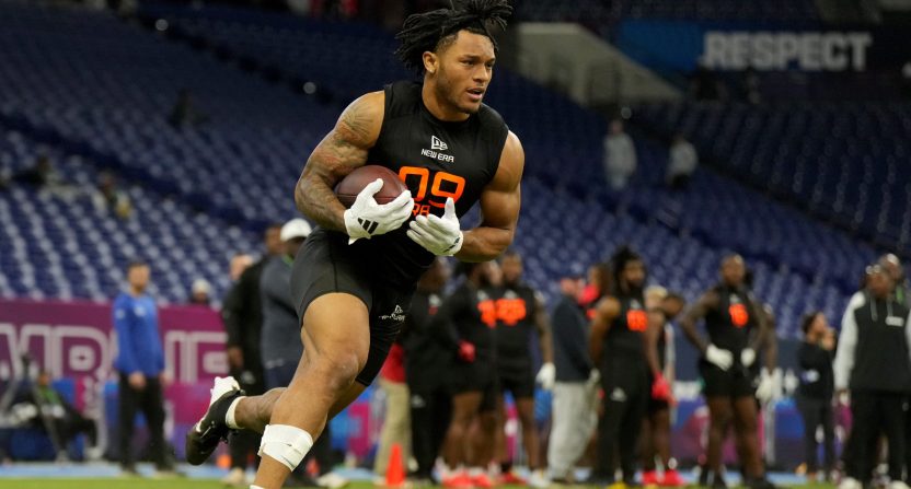 Los Angeles Chargers rookie running back Omarion Hampton works out at the 2025 NFL Scouting Combine.