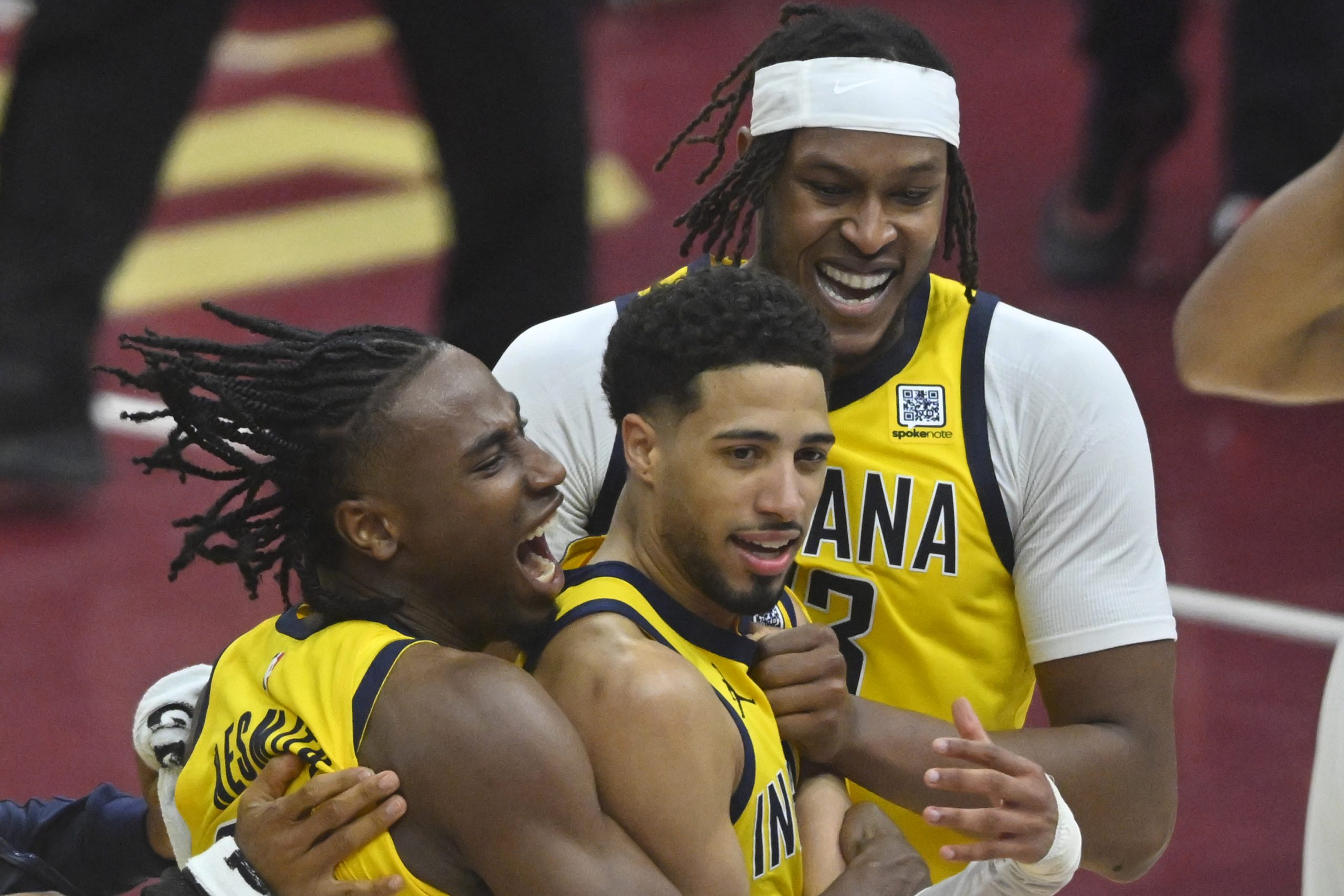 Tyrese Haliburton and the Pacers celebrate a Game 2 win. Mandatory Photo Credit: David Richard-Imagn Images
