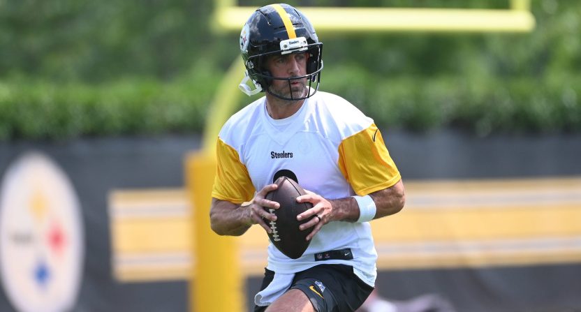 Aaron Rodgers at Pittsburgh Steelers minicamp shortly after joining the organization in June 2025.