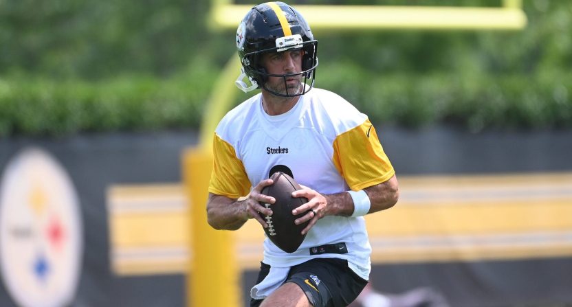 Aaron Rodgers at Pittsburgh Steelers minicamp shortly after joining the organization in June 2025.