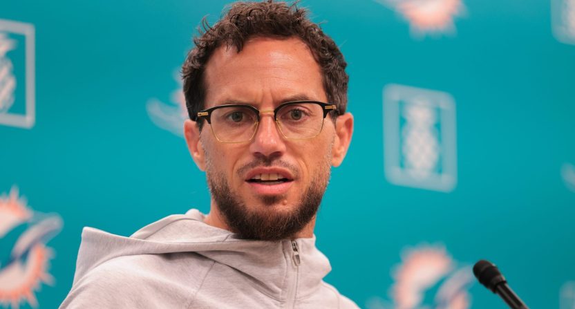 Miami Dolphins head coach Mike McDaniel meets with the media. Credit: Sam Navarro-Imagn Images