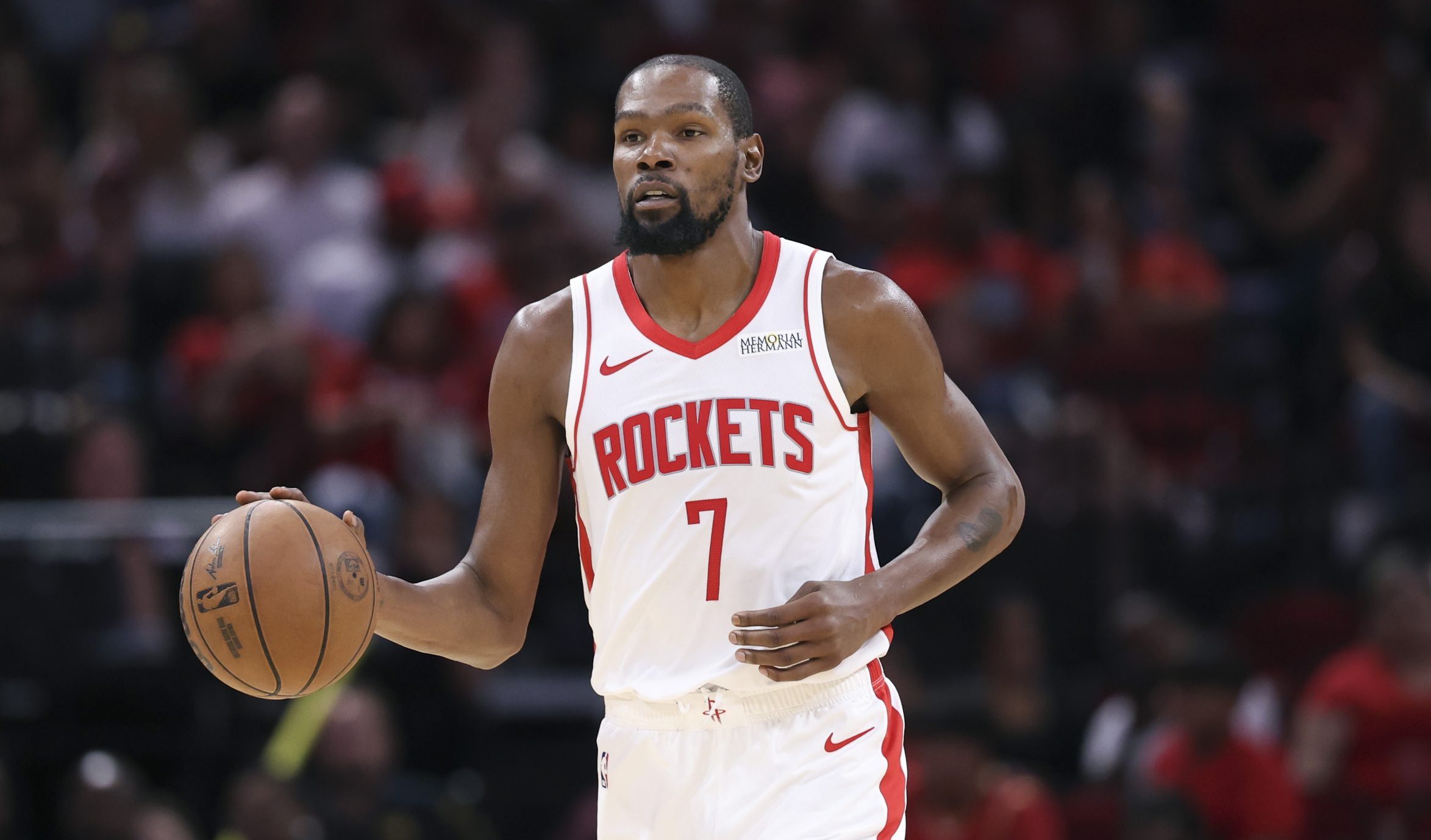 Houston Rockets superstar Kevin Durant dribbles up the floor. Photo Credit: Troy Taormina-Imagn Images