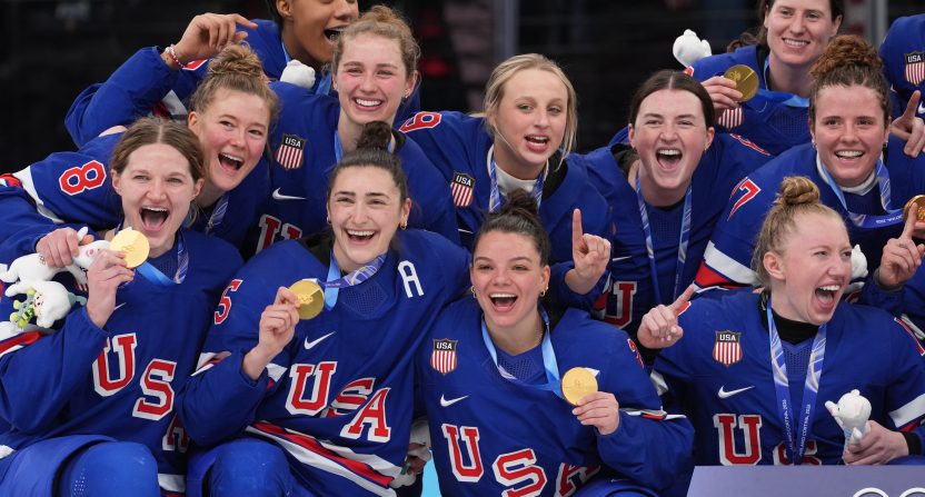 Feb 19, 2026; Milan, Italy; in overtime of the women's ice hockey gold medal game during the Milano Cortina 2026 Olympic Winter Games at Milano Santagiulia Ice Hockey Arena. Mandatory Credit: Amber Searls-Imagn Images