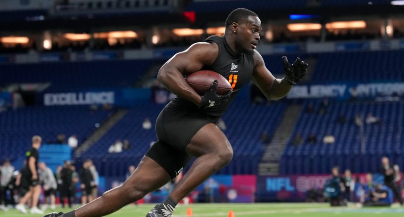 Notre Dame running back Jeremiyah Love goes through drills at the 2026 NFL Scouting Combine.