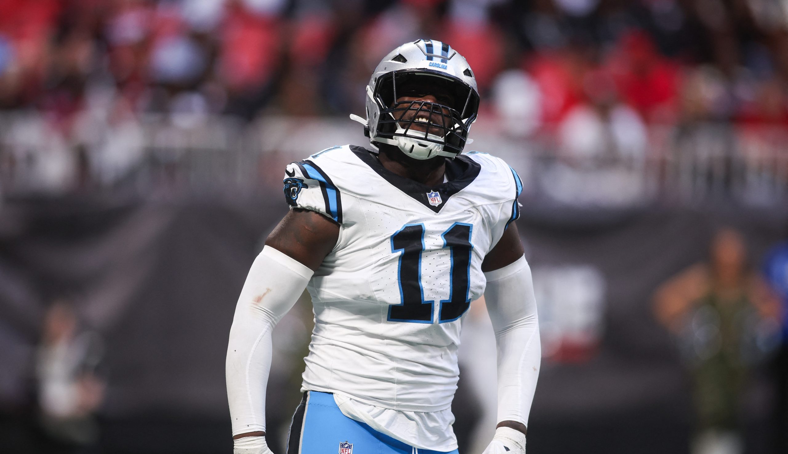 Carolina Panthers edge rusher Nic Scourton celebrates a play. Credit: Brett Davis-Imagn Images