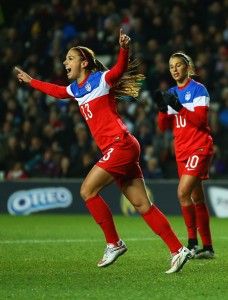 MILTON KEYNES, ENGLAND - FEBRUARY 13:  Alex Morgan of the United States (13) celebrates as she score their first goal during the Women's Friendly International match between England and USA at Stadium mk on February 13, 2015 in Milton Keynes, England.  (Photo by Richard Heathcote/Getty Images)