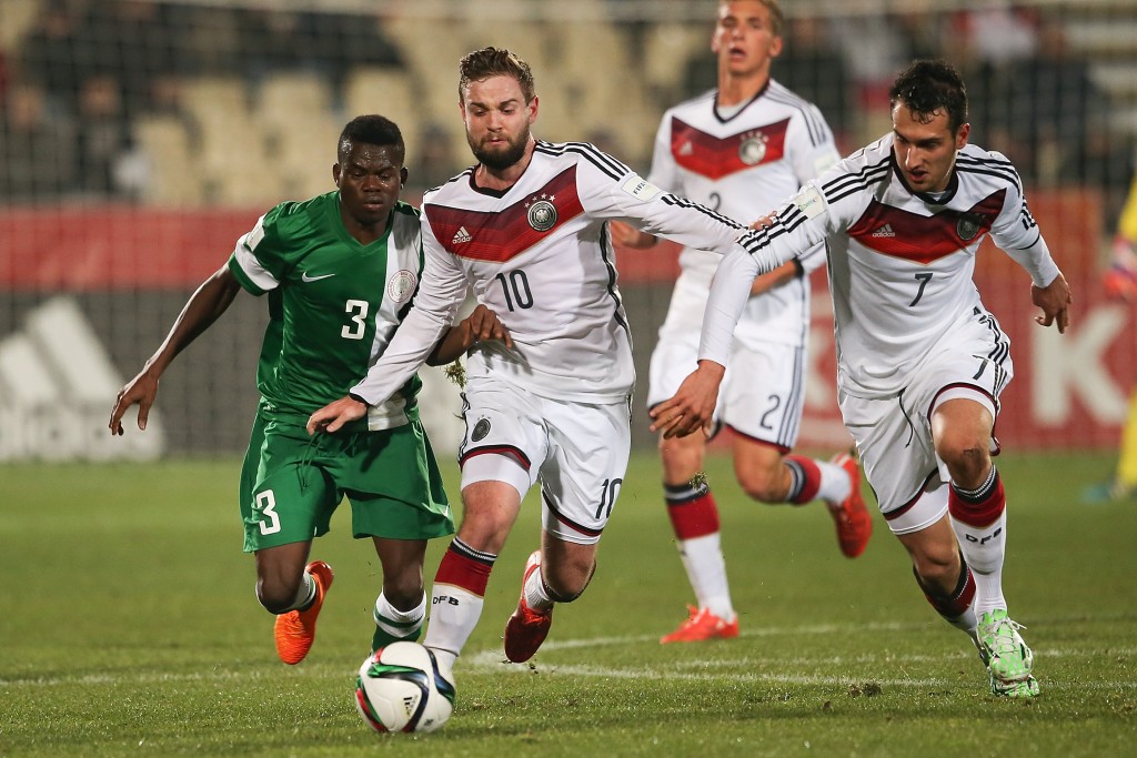 CHRISTCHURCH, NEW ZEALAND - JUNE 11: Marc Stendera (C) of Germany battles for the ball with Abdullahi Mustapha (L) of Nigeria during the FIFA U-20 World Cup New Zealand 2015 Round of 16 match between Germany and Nigeria at Christchurch Stadium on June 11, 2015 in Christchurch, New Zealand.  (Photo by Martin Hunter/Getty Images)