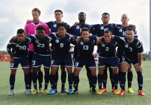 Guam's starting eleven players pose for a photo before the team's opening match of its 2018 FIFA World Cup Qualifier bid at the Guam Football Association National Training Center. (courtesy of Guam Football Association)
