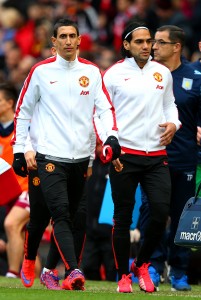 MANCHESTER, ENGLAND - APRIL 04:  Substitutes Angel di Maria of Manchester United and Radamel Falcao of Manchester United walk off the pitch at half-time in the Barclays Premier League match between Manchester United and Aston Villa at Old Trafford on April 4, 2015 in Manchester, England.  (Photo by Alex Livesey/Getty Images)