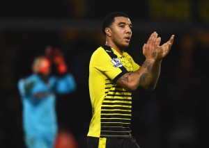 WATFORD, ENGLAND - DECEMBER 28: Troy Deeney of Watford applauds supporters after his team's 1-2 defeat in the Barclays Premier League match between Watford and Tottenham Hotspur at Vicarage Road on December 28, 2015 in Watford, England.  (Photo by Laurence Griffiths/Getty Images)
