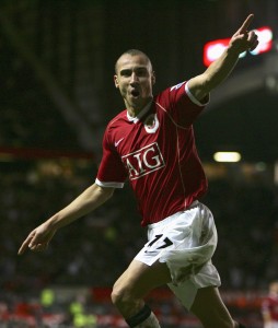MANCHESTER, UNITED KINGDOM - JANUARY 27: Henrik Larsson of Manchester United celebrates his subsequently disallowed goal during the FA Cup sponsored by E.ON Fourth Round match between Manchester United and Portsmouth at Old Trafford on January 27, 2007 in Manchester, England. (Photo by Alex Livesey/Getty Images)