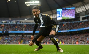 MANCHESTER, ENGLAND - FEBRUARY 06:  Riyad Mahrez of Leicester City celebrates scoring his team's second goal during the Barclays Premier League match between Manchester City and Leicester City at the Etihad Stadium on February 6, 2016 in Manchester, England.  (Photo by Michael Regan/Getty Images)