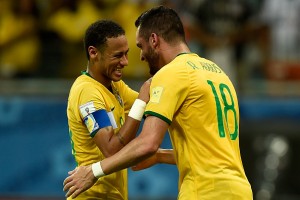 SALVADOR, BRAZIL - NOVEMBER 17:  Neymar (L) and Renato Augusto of Brazil celebrate a scored goal during a match between Brazil and Peru as part of 2018 FIFA World Cup Russia Qualifiers at Arena Fonte Nova on November 17, 2015 in Salvador, Brazil.  (Photo by Buda Mendes/Getty Images)