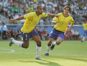 NUREMBERG, GERMANY - JUNE 25:  Adriano of Brazil celebrates after scoring Barazil's third goal during the 2005 FIFA Confederations Cup Semi Final match between Germany and Brazil at the Frankenstadion on June 25, 2005, in Nuremberg, Germany.  (Photo by Ben Radford/Getty Images)