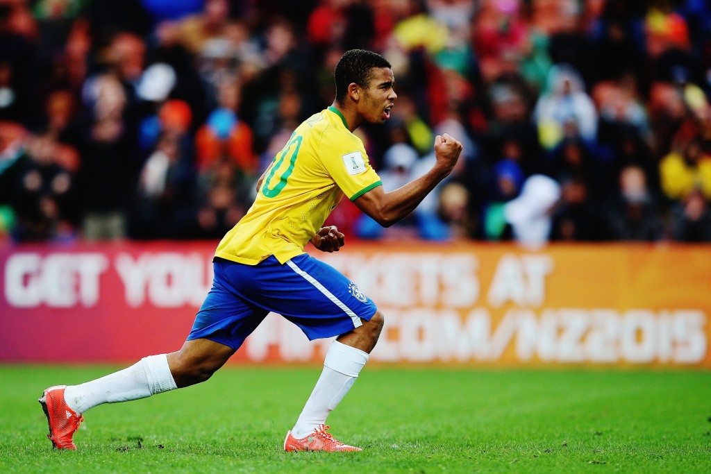 HAMILTON, NEW ZEALAND - JUNE 14:  Gabriel Jesus of Brazil celebrates after scoring a goal during a penalty shoot out during the FIFA U-20 World Cup New Zealand 2015 quarter final match between Brazil and Portugal held at Waikato Stadium on June 14, 2015 in Hamilton, New Zealand.  (Photo by Hannah Peters/Getty Images)