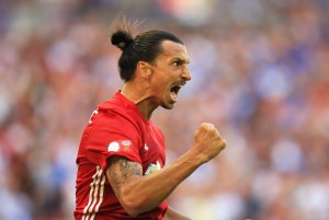 LONDON, ENGLAND - AUGUST 07:  Zlatan Ibrahimovic of Manchester United celebrates after scoring his sides second goal during The FA Community Shield match between Leicester City and Manchester United at Wembley Stadium on August 7, 2016 in London, England.  (Photo by Ben Hoskins/Getty Images)