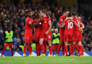 LONDON, ENGLAND - SEPTEMBER 16:  Jordan Henderson of Liverpool (14) celebrates with team mates as he  scores their second goal during the Premier League match between Chelsea and Liverpool at Stamford Bridge on September 16, 2016 in London, England.  (Photo by Shaun Botterill/Getty Images)