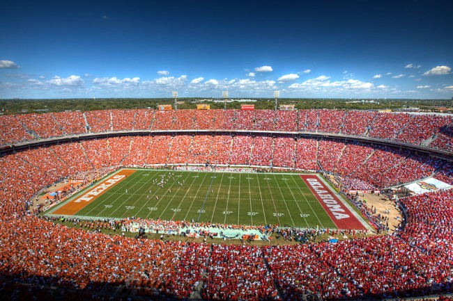 Burnt Orange for one half of Dallas's revered Cotton Bowl, Crimson for the other. It's one of the best scenes in sports, the kind of picture that defines college football for generations of fans.
