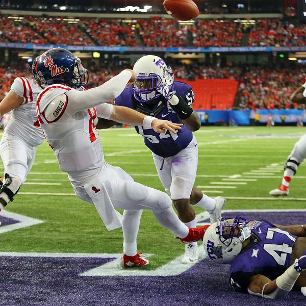 When Frogs Attack: Bo Wallace would rather get rid of it than be sacked to a chorus of RIBBIT! Yet, when Wallace released this pass in his own end zone, it was intercepted for an instant touchdown. TCU won by 39... and did not play anything close to its best on offense. Let that sink in for a bit. RIBBIT!