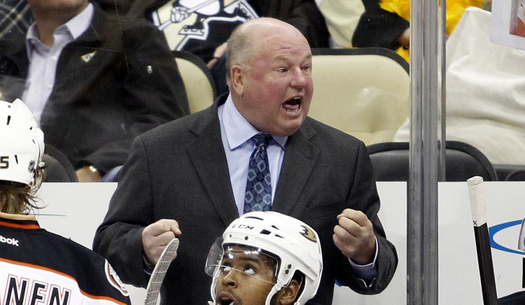 PITTSBURGH, PA - OCTOBER 09:  Head coach Bruce Boudreau of the Anaheim Ducks exhorts his team during a timeout during the season opener against the Pittsburgh Penguins at Consol Energy Center on October 9, 2014 in Pittsburgh, Pennsylvania.  (Photo by Justin K. Aller/Getty Images)