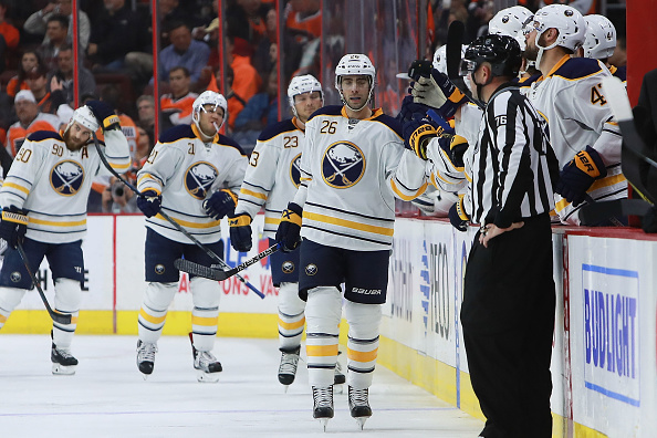 PHILADELPHIA, PA - OCTOBER 25:  Matt Moulson #26 of the Buffalo Sabres celebrates with teammates after scoring against the Philadelphia Flyers during the second period at Wells Fargo Center on October 25, 2016 in Philadelphia, Pennsylvania.  (Photo by Michael Reaves/Getty Images)