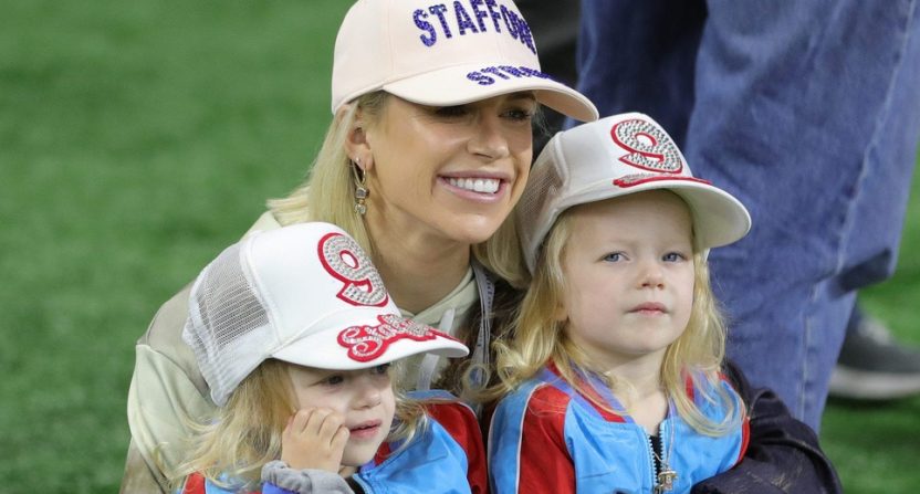 Kelly Stafford on the sideline with her twin daughters, Sawyer and Chandler, on Sunday, Oct. 20, 2019, at Ford Field.