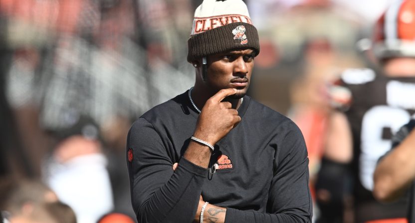 Oct 1, 2023; Cleveland, Ohio, USA; Cleveland Browns quarterback Deshaun Watson (4) watches from the sidelines during the first half against the Baltimore Ravens at Cleveland Browns Stadium. Mandatory Credit: Ken Blaze-USA TODAY Sports