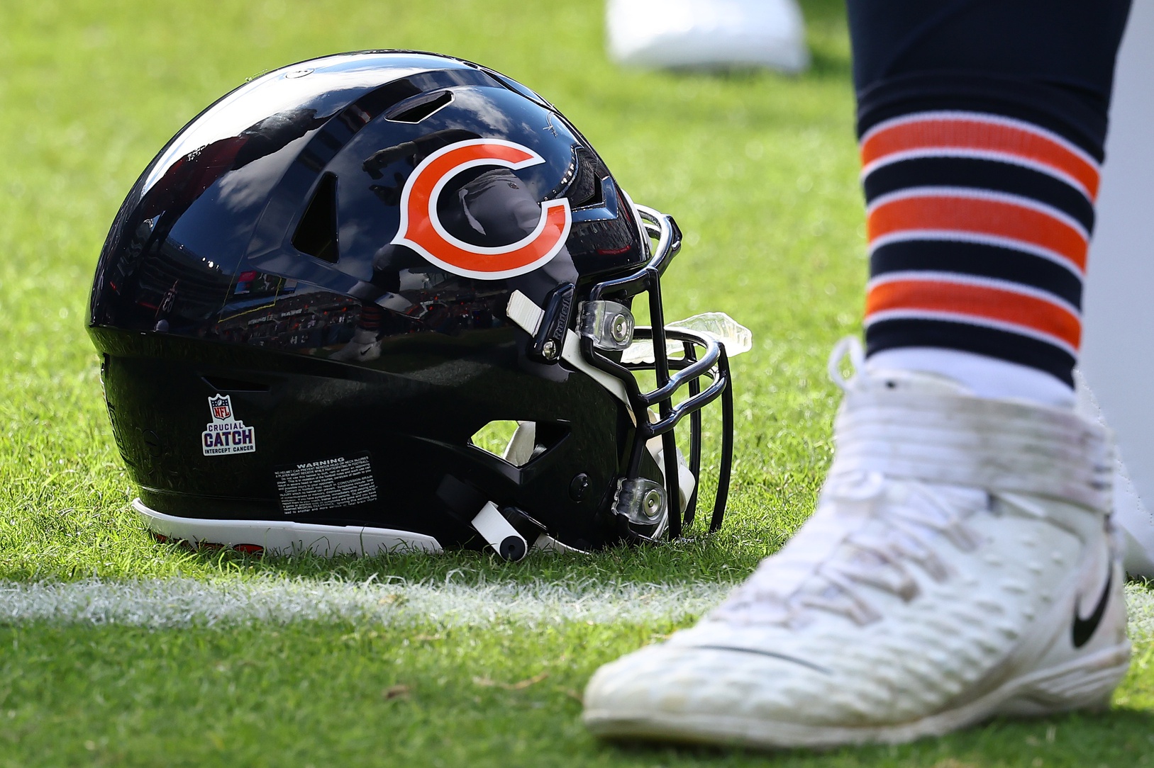 Oct 15, 2023; Chicago, Illinois, USA; A detailed view of the Chicago Bears helmet before the game against the Minnesota Vikings at Soldier Field. Mandatory Credit: Mike Dinovo-USA TODAY Sports