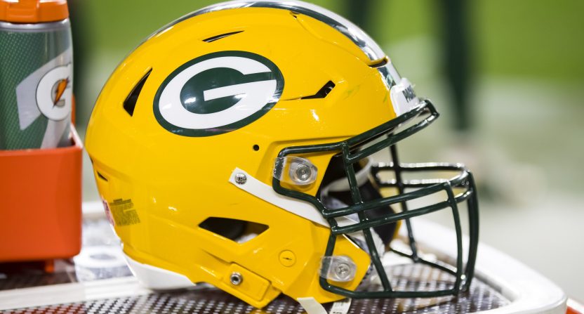 Oct 28, 2021; Glendale, Arizona, USA; Detailed view of a Green Bay Packers helmet at State Farm Stadium. Mandatory Credit: Mark J. Rebilas-USA TODAY Sports