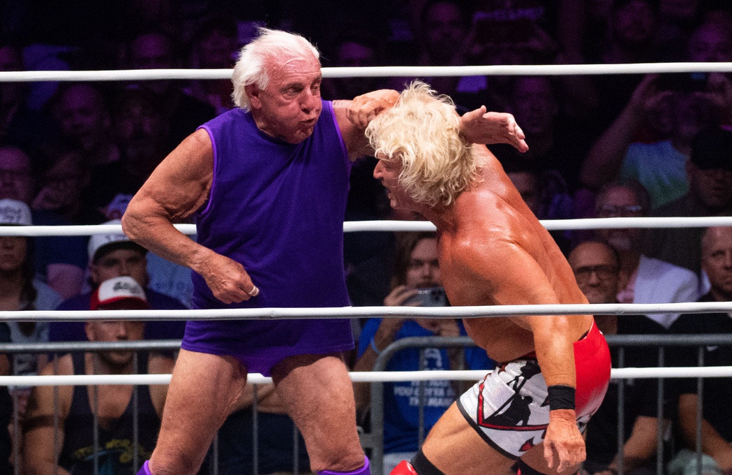 Ric Flair wrestles against Jeff Jarrett during his final match of his career in a special event at the Nashville Municipal Auditorium, Sunday, July 31, 2022.