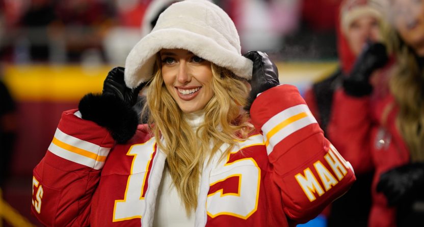 Jan 13, 2024; Kansas City, Missouri, USA; Brittany Mahomes in attendance during the first half of the 2024 AFC wild card game at GEHA Field at Arrowhead Stadium. Mandatory Credit: Jay Biggerstaff-USA TODAY Sports