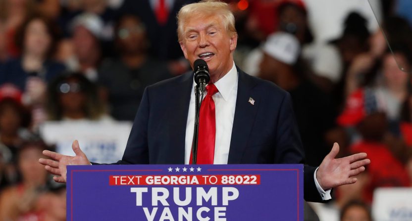 Former President Donald J. Trump speaks during a rally in Atlanta on Saturday, Aug. 3, 2024. Trump attacked his opponent Kamala Harris on border policy and wide array of issues.