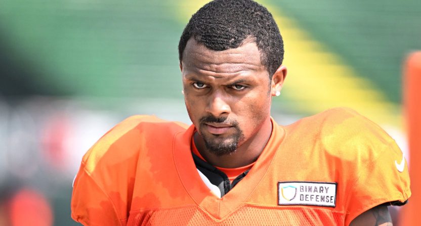 Aug 5, 2024; Cleveland Browns quarterback Deshaun Watson (4) during practice at the Browns training facility in Berea, Ohio. Mandatory Credit: Bob Donnan-USA TODAY Sports