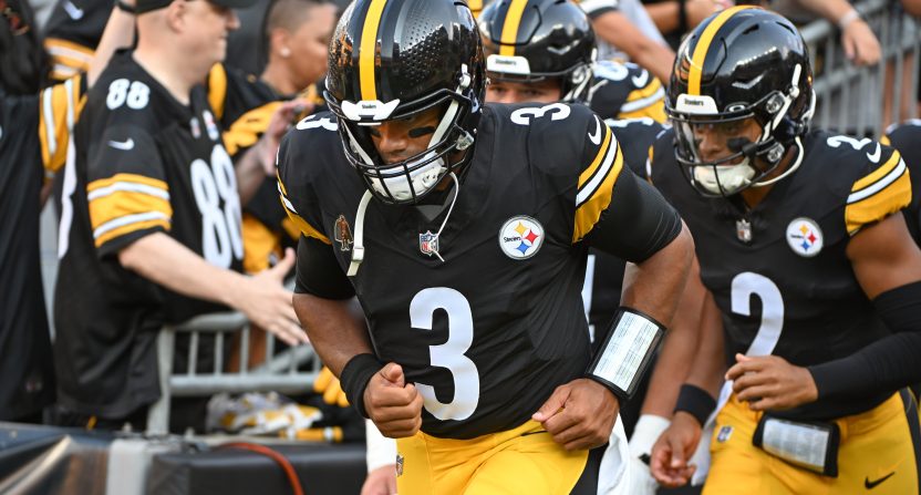 Aug 9, 2024; Pittsburgh, Pennsylvania, USA; Pittsburgh Steelers quarterback Russell Wilson (3) and Justin Fields (2) take the field for pre-game against the Houston Texans at Acrisure Stadium. Mandatory Credit: Barry Reeger-USA TODAY Sports