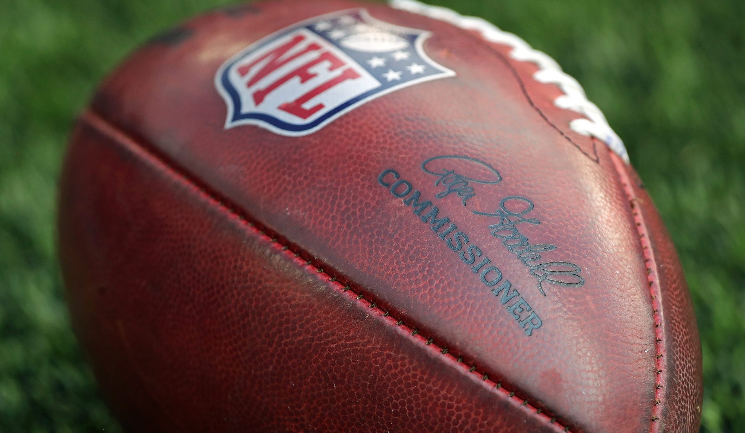 A football seen on the sideline before an NFL preseason football game at Cleveland Browns Stadium, Saturday, Aug. 17, 2024, in Cleveland, Ohio.