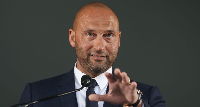 Derek Jeter waves to his children as he speaks to the crowd after he was inducted into the Baseball Hall of Fame in Cooperstown, New York Sept. 8, 2021. The former shortstop spent his entire 20 year career in pinstripes as a New York Yankee.