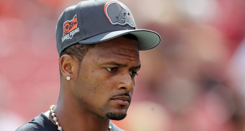 Browns quarterback Deshaun Watson heads back to the locker room before a preseason game, Saturday, Aug. 17, 2024, in Cleveland.