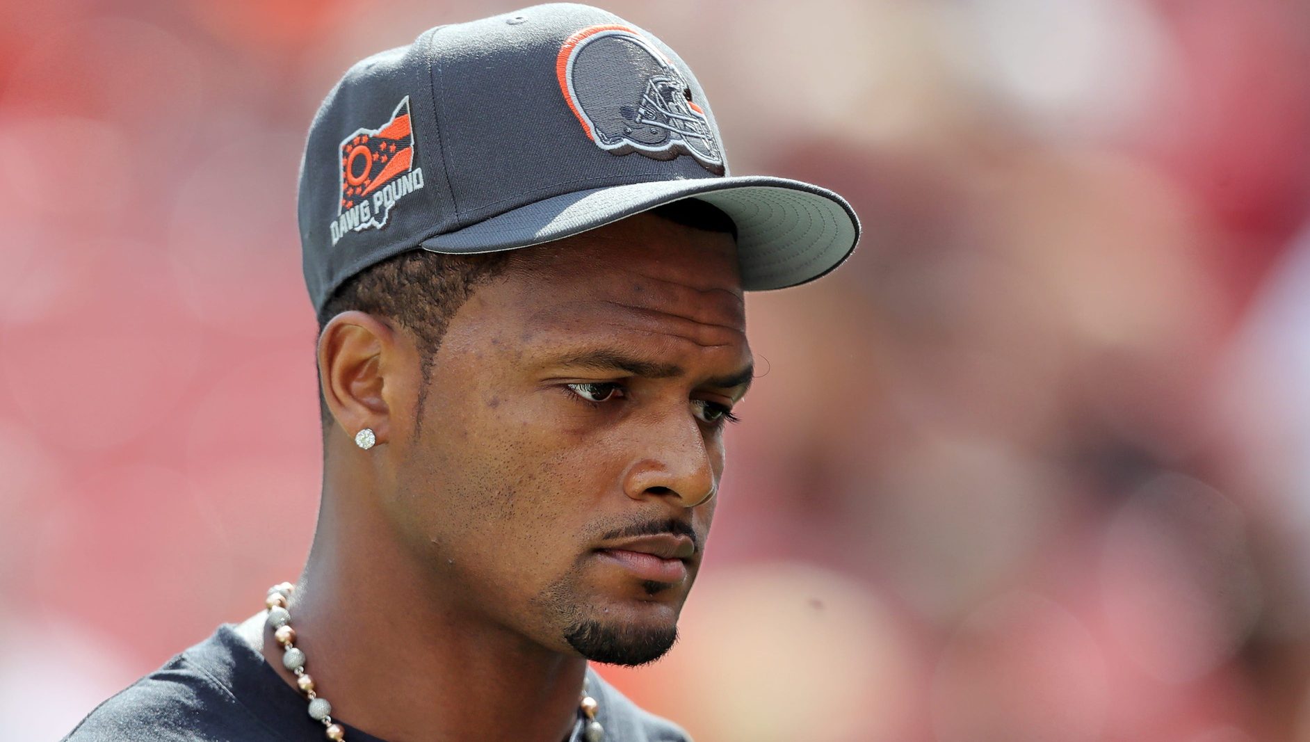 Browns quarterback Deshaun Watson heads back to the locker room before a preseason game, Saturday, Aug. 17, 2024, in Cleveland.