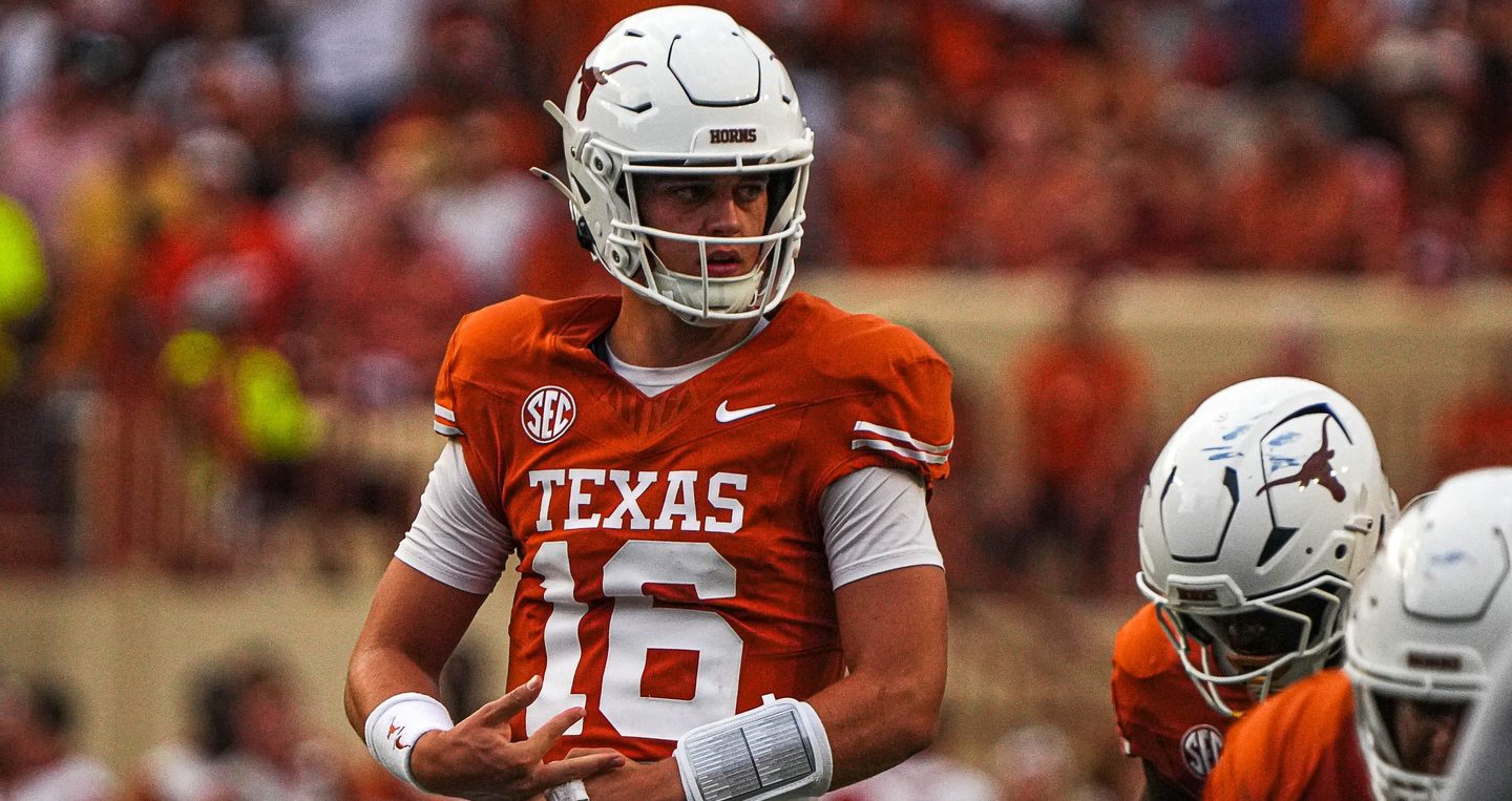 Texas Longhorns quarterback Arch Manning (16) lines up for a snap during the game against UTSA at Darrell K Royal-Texas Memorial Stadium in Austin Saturday, Sept. 14, 2024.