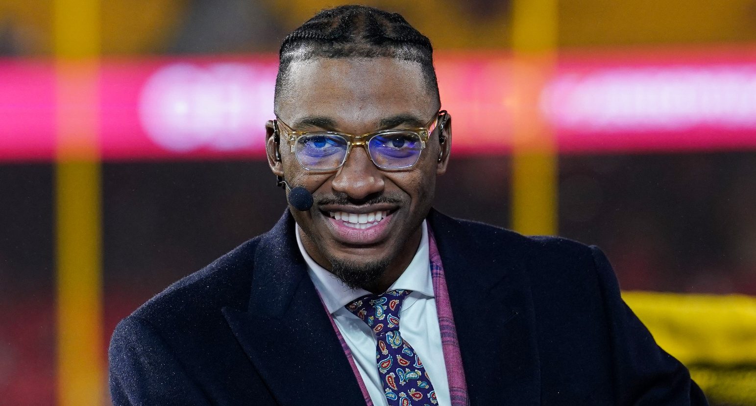 Nov 20, 2023; Kansas City, Missouri, USA; Monday Night Football commentator Robert Griffin III at the broadcast desk prior to a game between the Kansas City Chiefs and Philadelphia Eagles at GEHA Field at Arrowhead Stadium. Mandatory Credit: Denny Medley-USA TODAY Sports