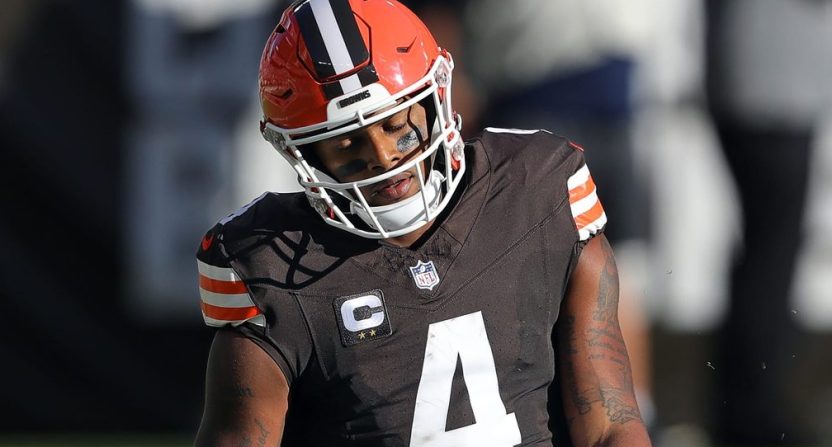 Browns quarterback Deshaun Watson reacts after failing to convert on a first-half third down against the Cowboys, Sunday, Sept. 8, 2024, in Cleveland.