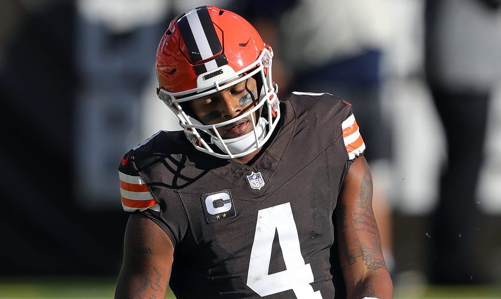 Browns quarterback Deshaun Watson reacts after failing to convert on a first-half third down against the Cowboys, Sunday, Sept. 8, 2024, in Cleveland.