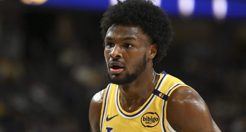 Oct 15, 2024; Las Vegas, Nevada, USA; Los Angeles Lakers guard Bronny James (9) looks on against the Golden State Warriors in the fourth quarter during a preseason game at T-Mobile Arena. Mandatory Credit: Candice Ward-Imagn Images