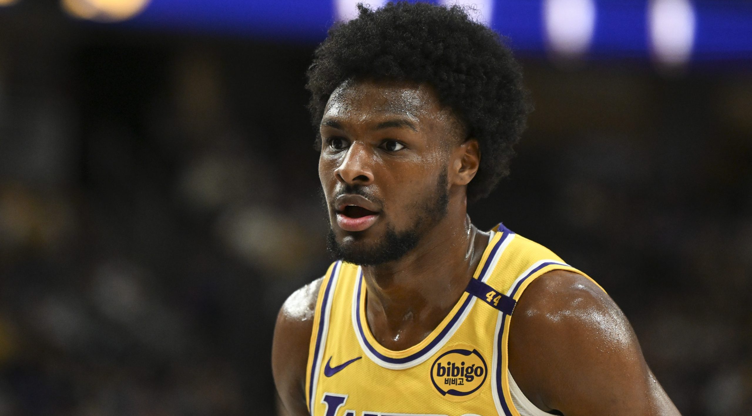 Oct 15, 2024; Las Vegas, Nevada, USA; Los Angeles Lakers guard Bronny James (9) looks on against the Golden State Warriors in the fourth quarter during a preseason game at T-Mobile Arena. Mandatory Credit: Candice Ward-Imagn Images