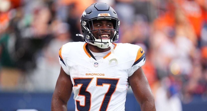 Denver Broncos running back Audric Estime on the field.