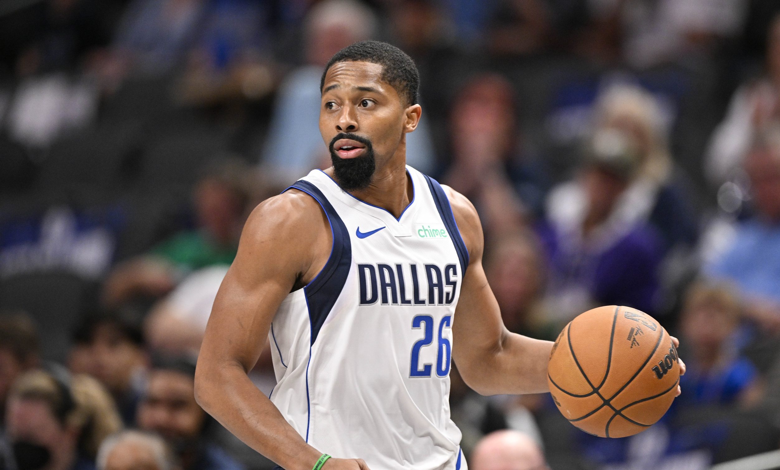 Dallas Mavericks guard Spencer Dinwiddie dribbles.