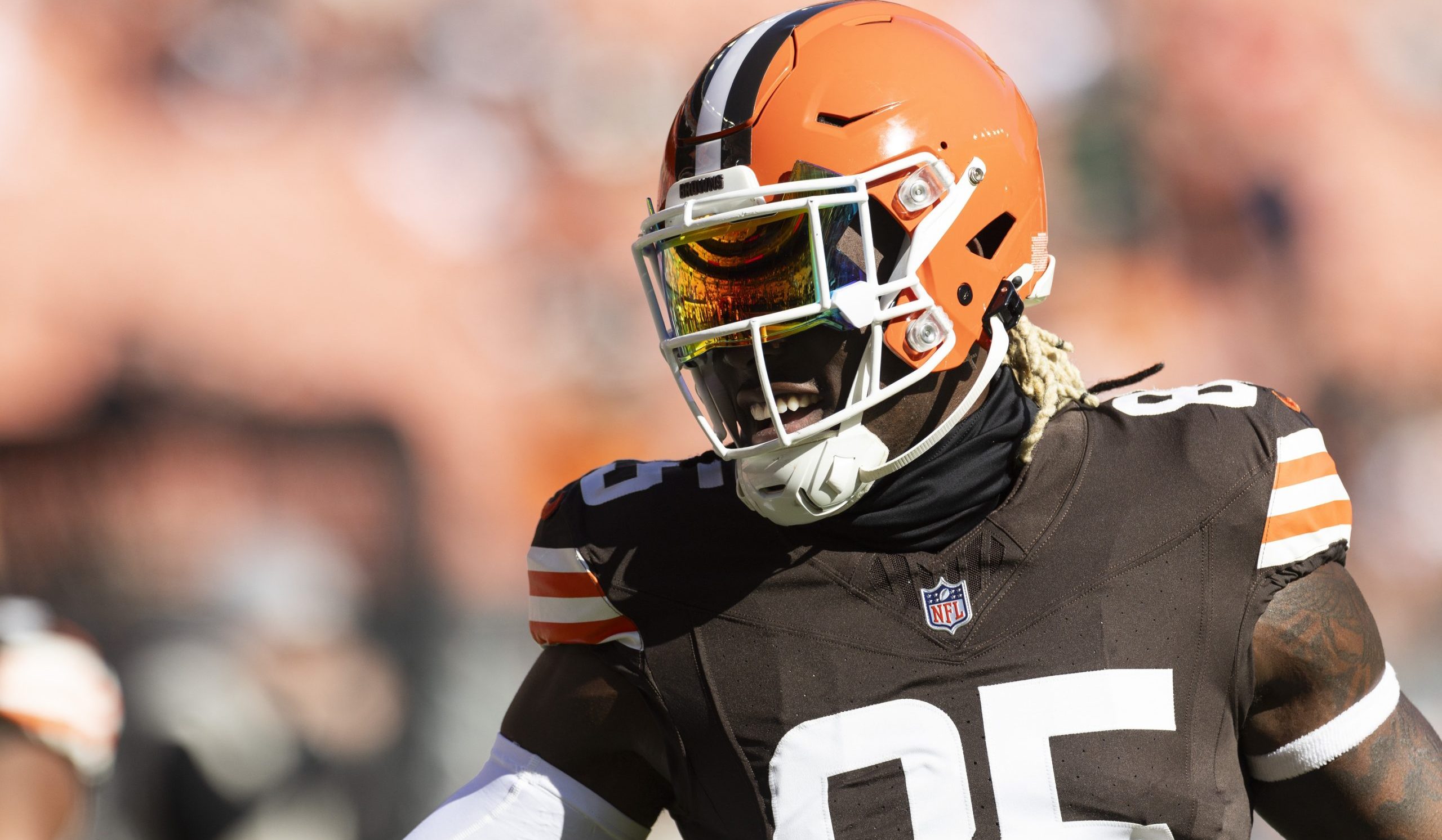 Oct 27, 2024; Cleveland, Ohio, USA; Cleveland Browns tight end David Njoku (85) smiles during warm ups before the game against the Baltimore Ravens at Huntington Bank Field. Mandatory Credit: Scott Galvin-Imagn Images